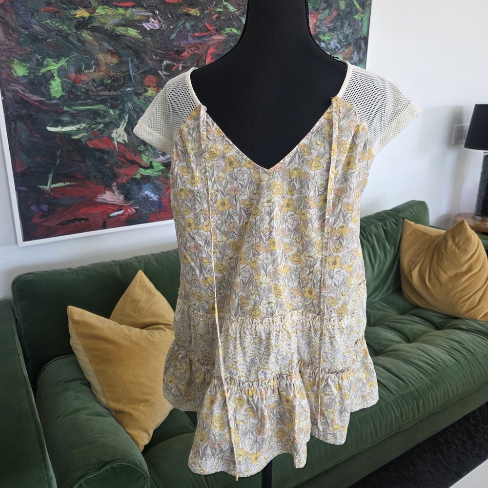 Umgee Boho Peasant Yellow Floral Print + Cream Tiered Top, Tie Back Neck - Small - Picture 3 of 9